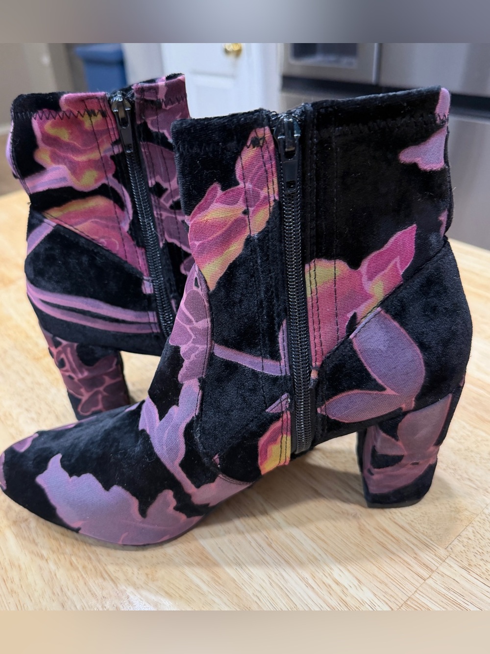 Steve Madden Women's Black Suede Ankle Boots with Pink Floral Pattern